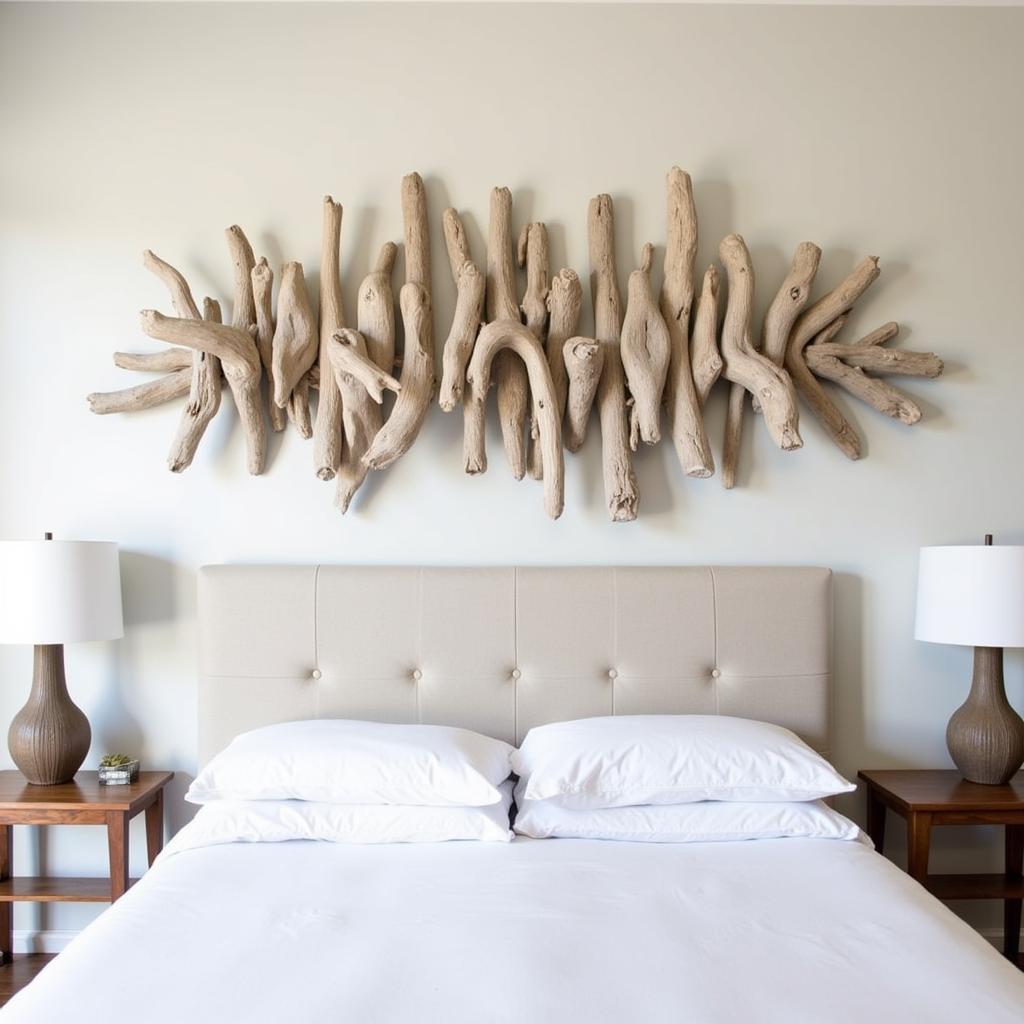 Driftwood Art in a Serene Bedroom