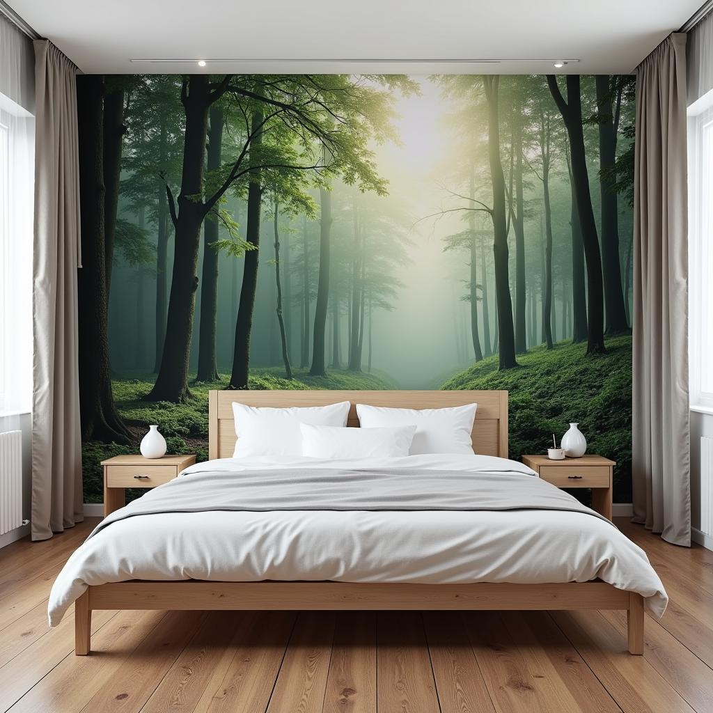 Bedroom with Forest Mural Wallpaper