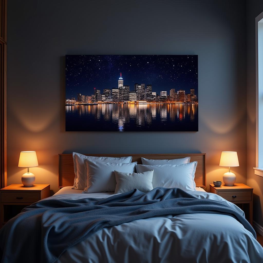 Bedroom with lighted city skyline canvas art