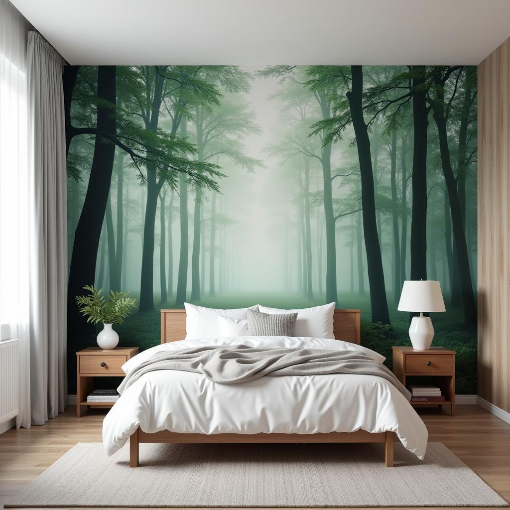 A bedroom with a serene forest wall mural