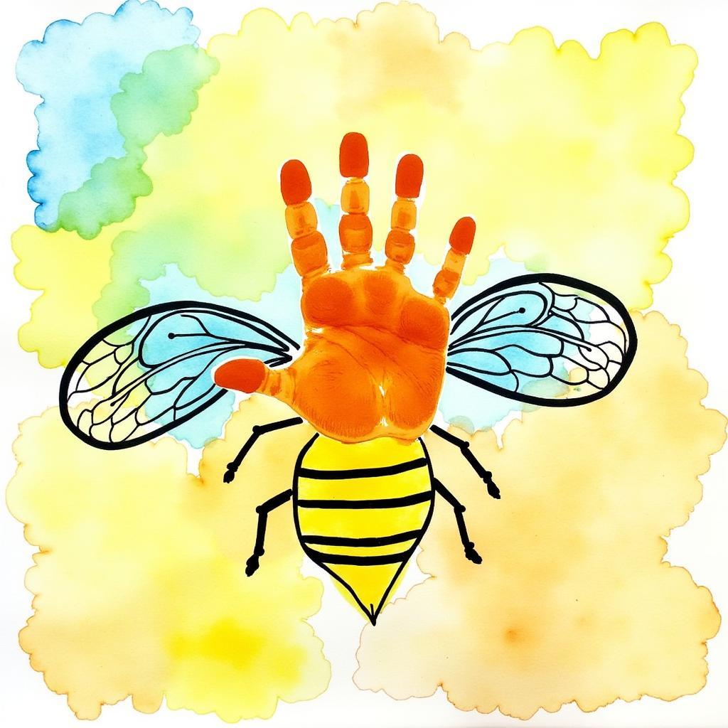 Abstract bee handprint art using watercolor techniques