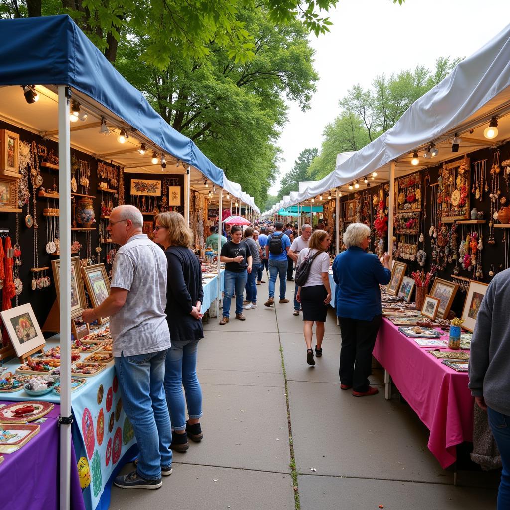 Colorful booths at the Bell Buckle Arts and Crafts Festival showcasing a diverse range of handmade goods.