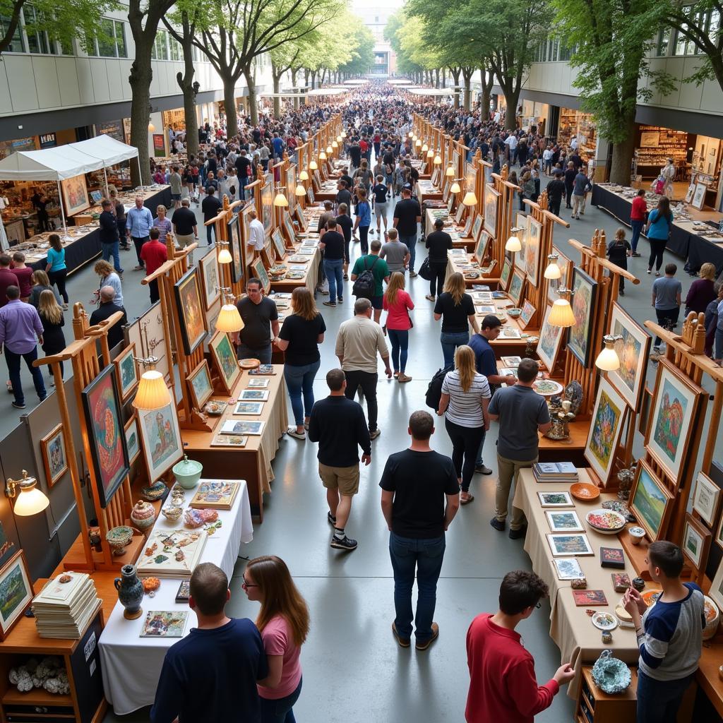 Artists and attendees gather amidst vibrant art displays at Bemidji Art in the Park.