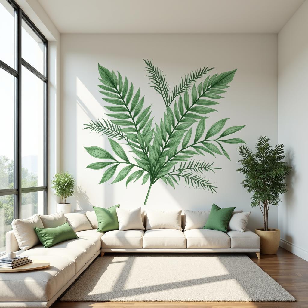 Modern living room adorned with large-scale botanical wall stickers