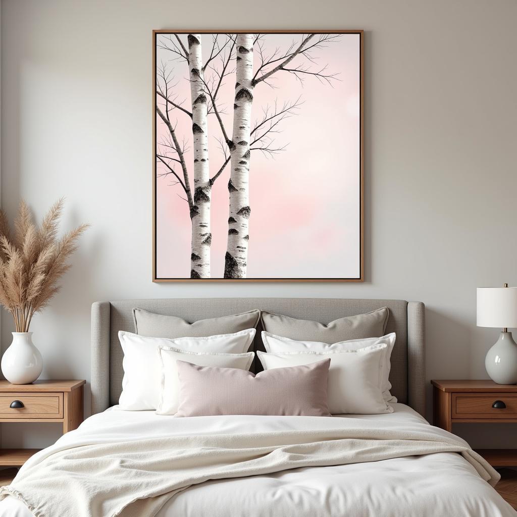 Serene Bedroom with Birch Tree Wall Art Above Bed