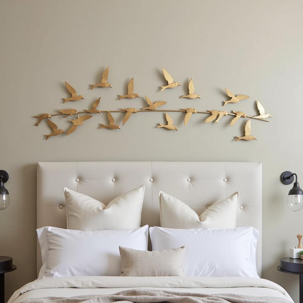 Large Birds on a Wire Metal Wall Art Hanging in a Bedroom