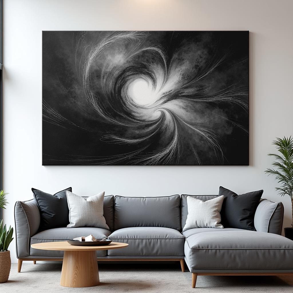 Black and Gray Abstract Canvas Art: A dynamic composition of swirling lines and contrasting shades, creating a dramatic focal point in a modern living room.