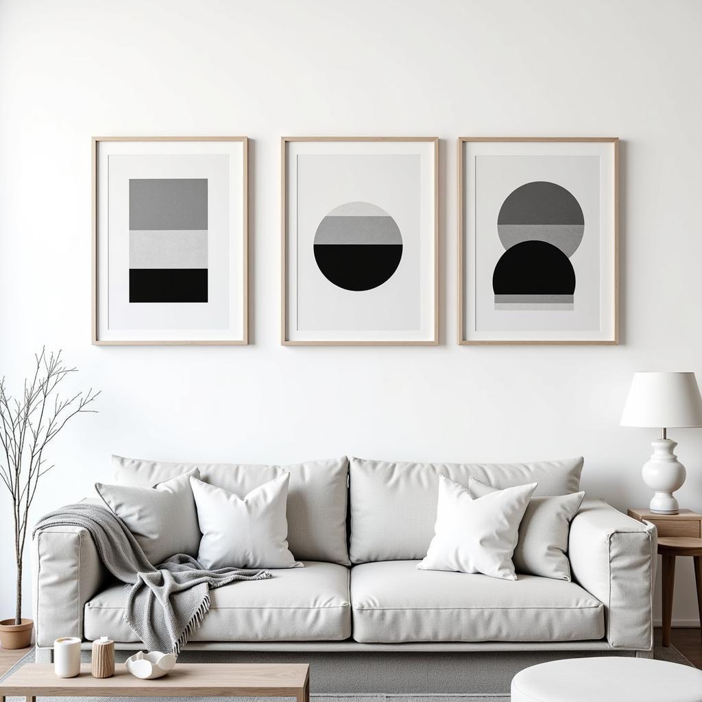 Black and Gray Geometric Wall Art: A series of framed geometric prints in varying shades of gray adorns a white wall in a modern living room, adding a touch of subtle sophistication and visual interest.