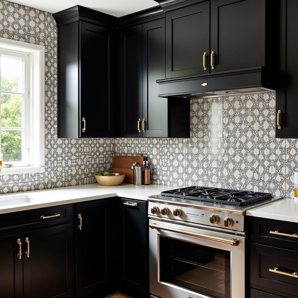 Black and white Art Deco kitchen backsplash with gold accents