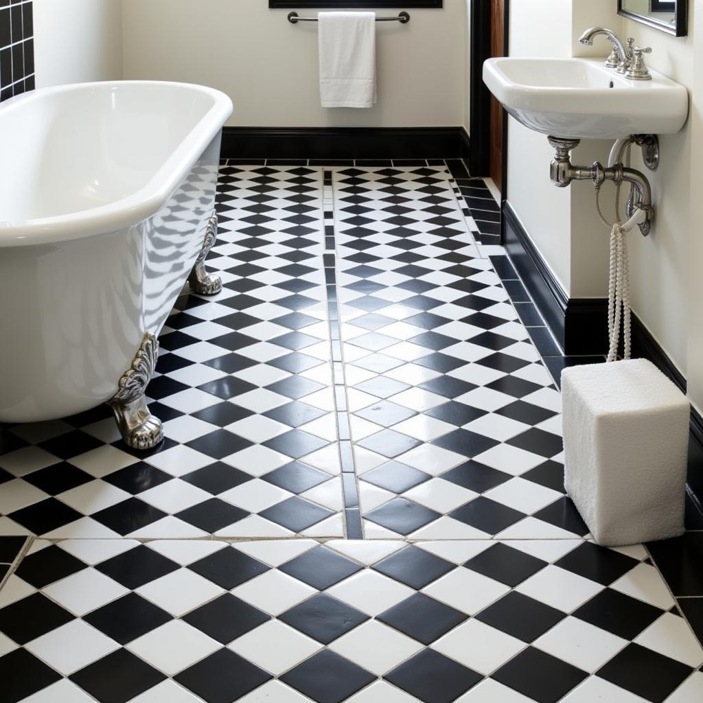 Art Deco Bathroom Floor Tiles: Black and White Checkerboard