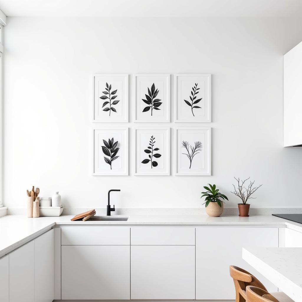 Black and White Botanical Prints in Minimalist Kitchen