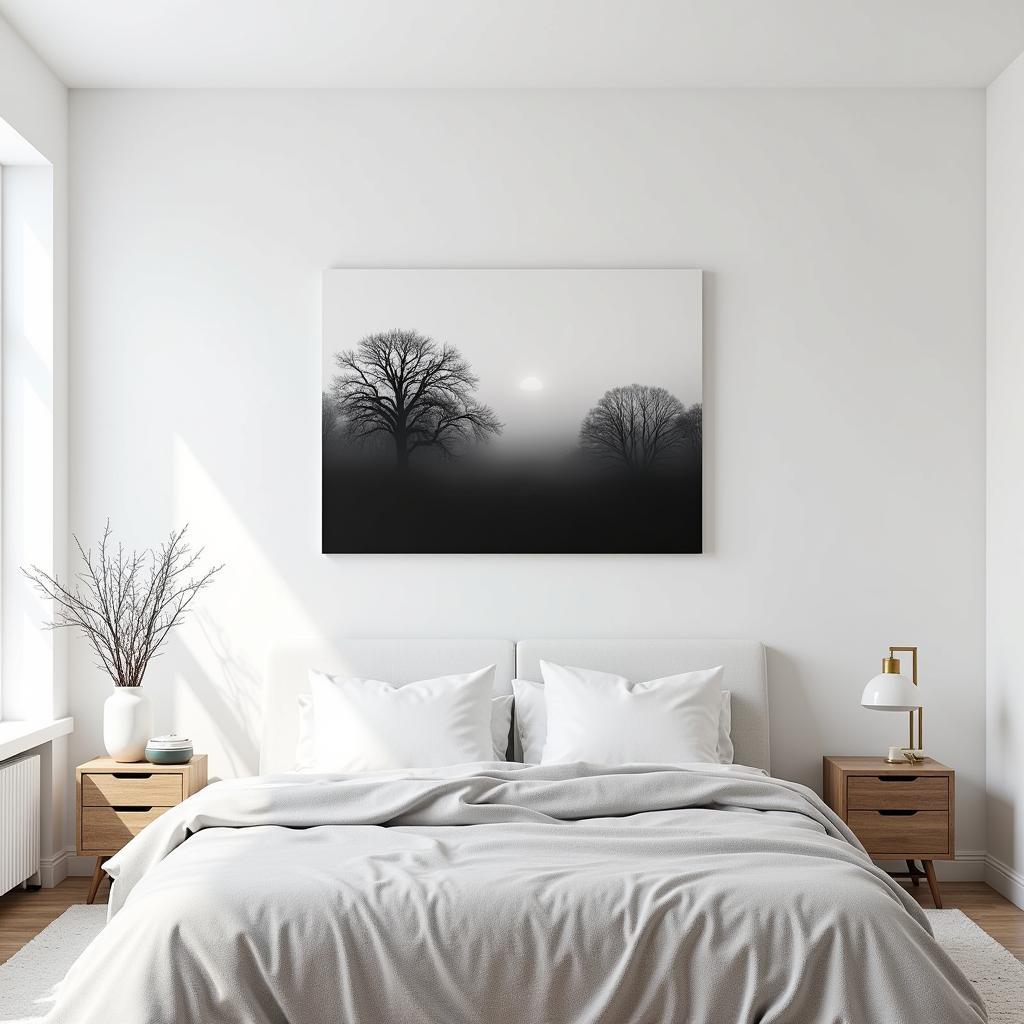 Minimalist bedroom with black and white forest canvas