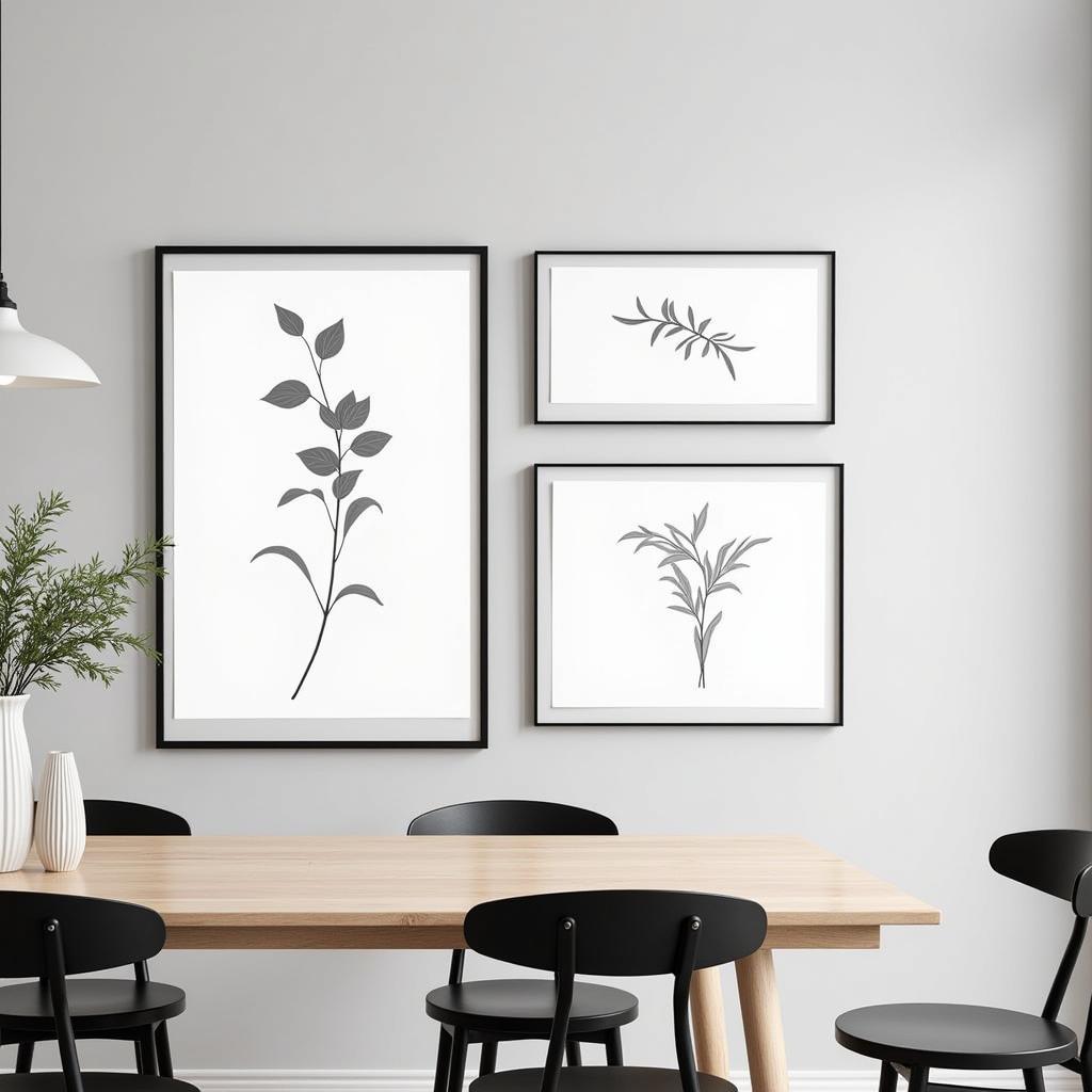 Black and White Framed Botanical Prints in Dining Room