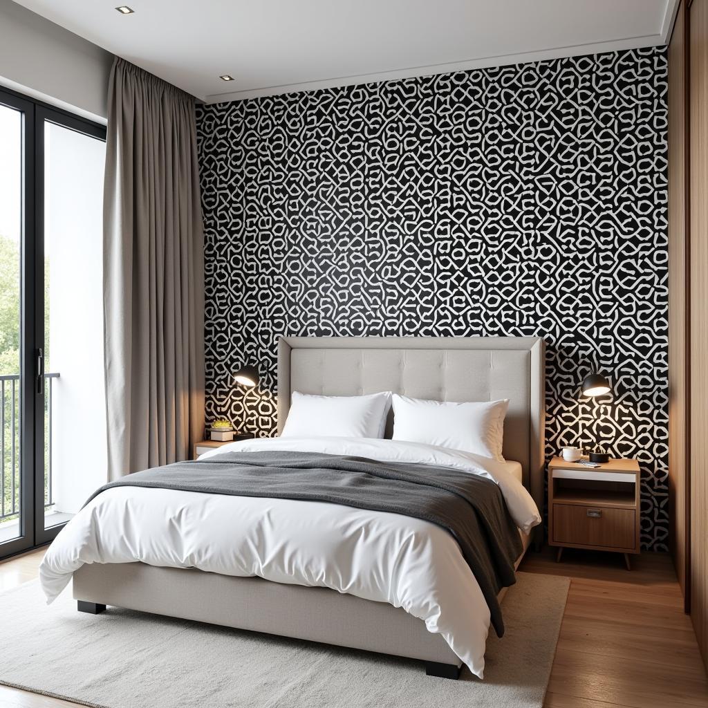 Black and white geometric wallpaper in a contemporary bedroom