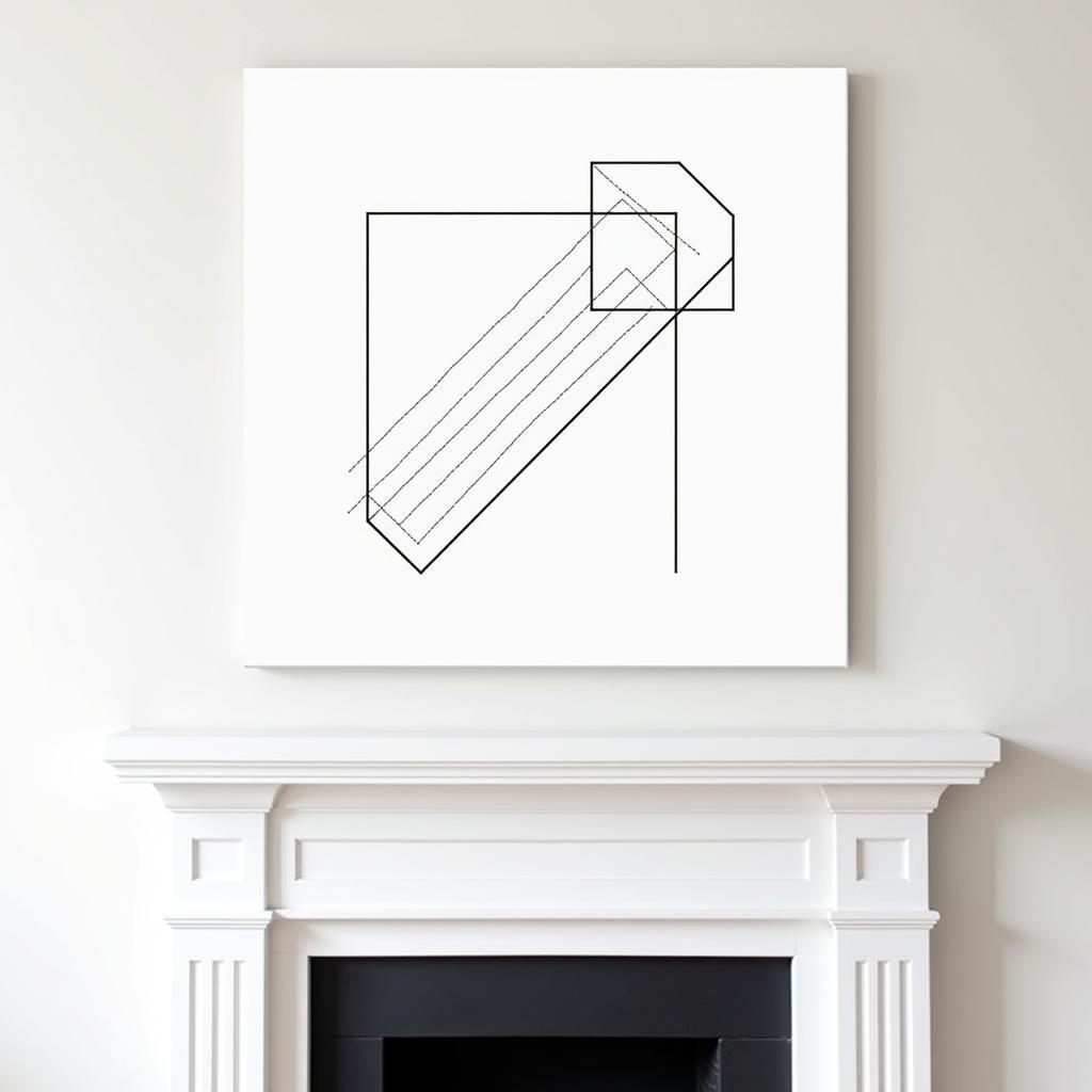 Black and white minimalist canvas art above a fireplace