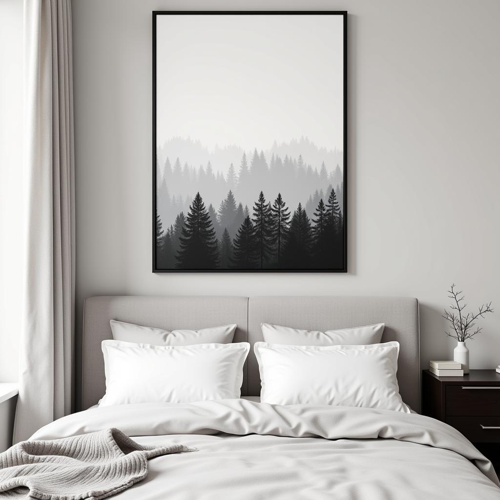 Serene black forest wall art setting a tranquil mood in a bedroom