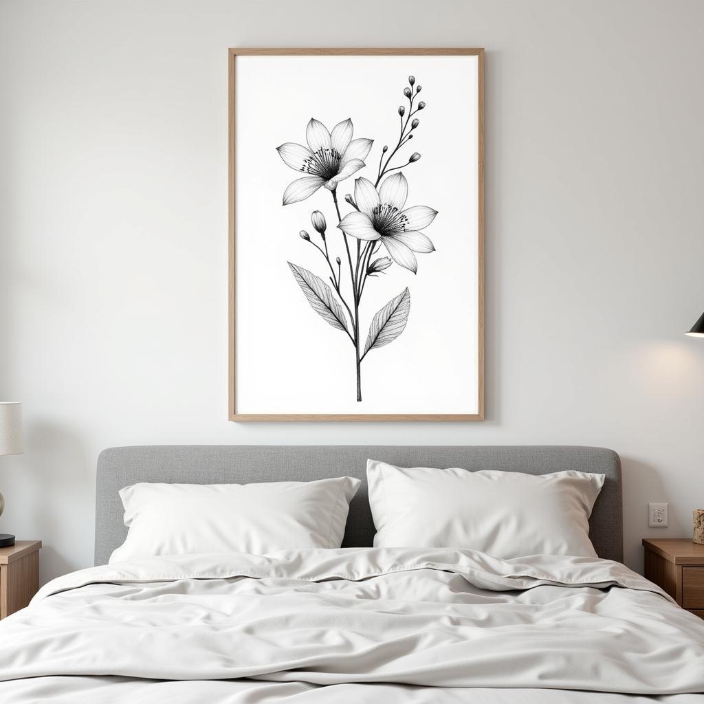 Black and White Botanical Sketch in a Bedroom