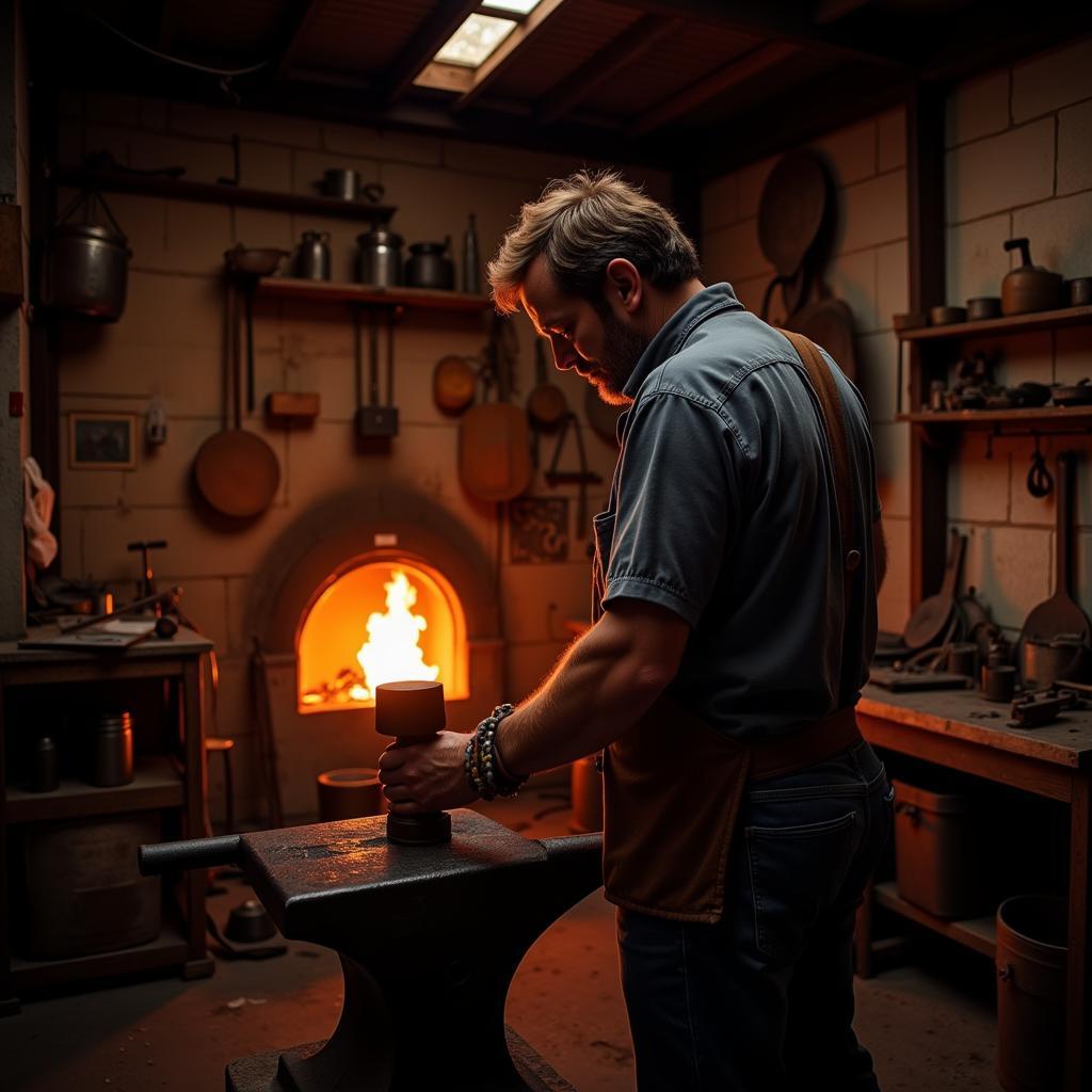 Blacksmith hammering hot metal in a forge