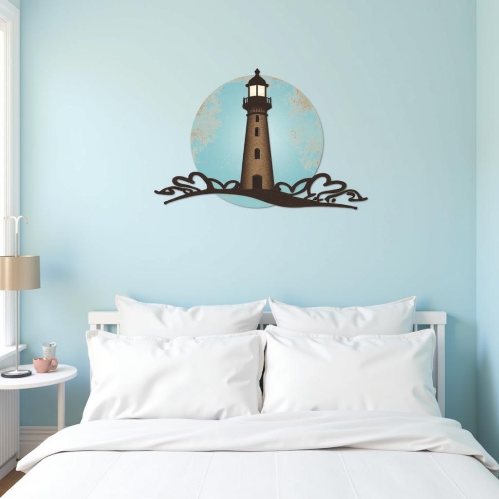 Blue Coastal Wall Art with Metal Lighthouse