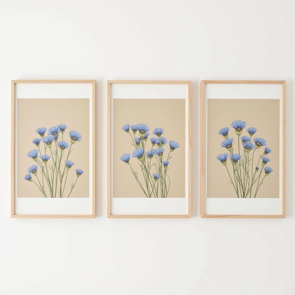 Blue Floral Wall Art Set with Tan Background