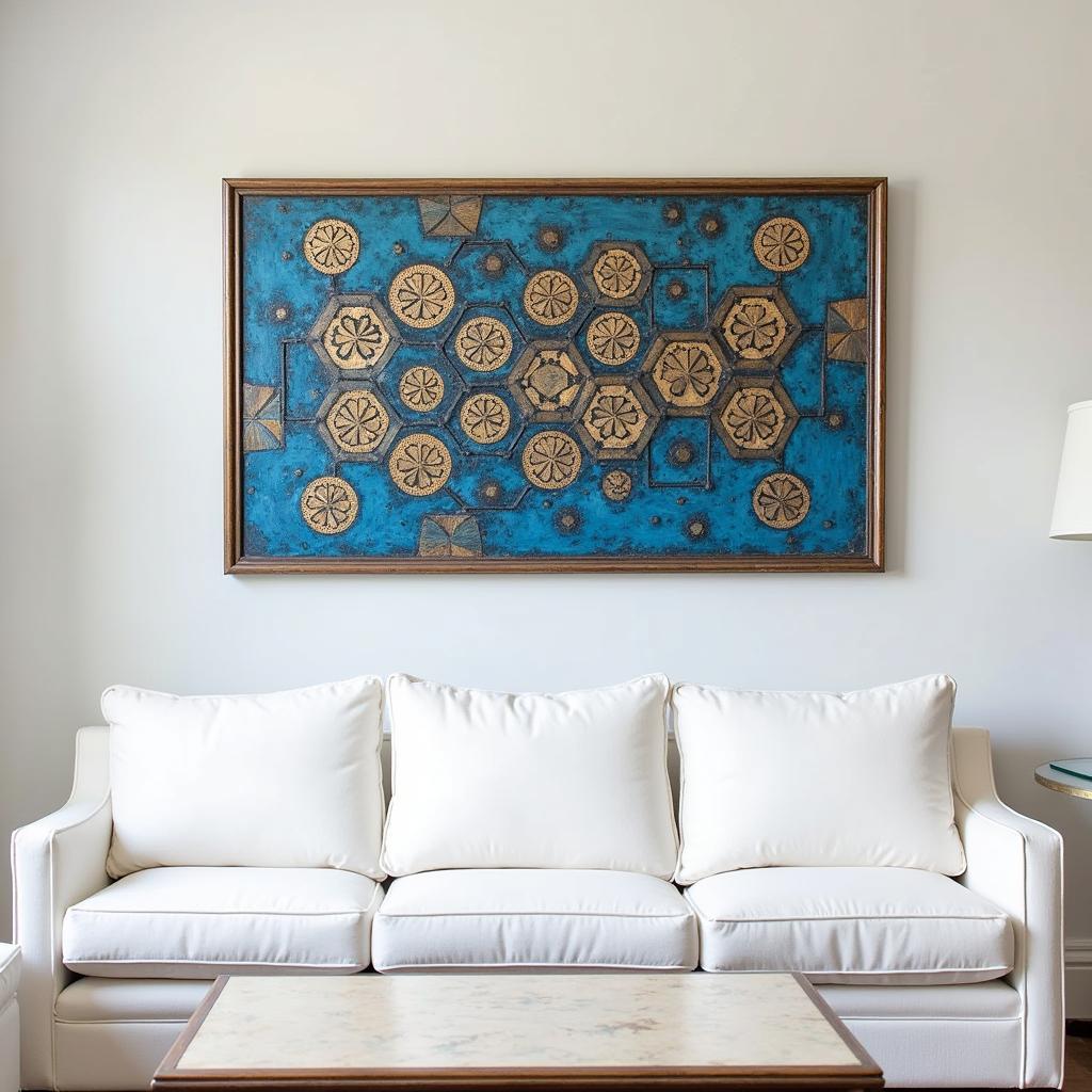 Blue and gold metal wall art above a modern white sofa in a spacious living room