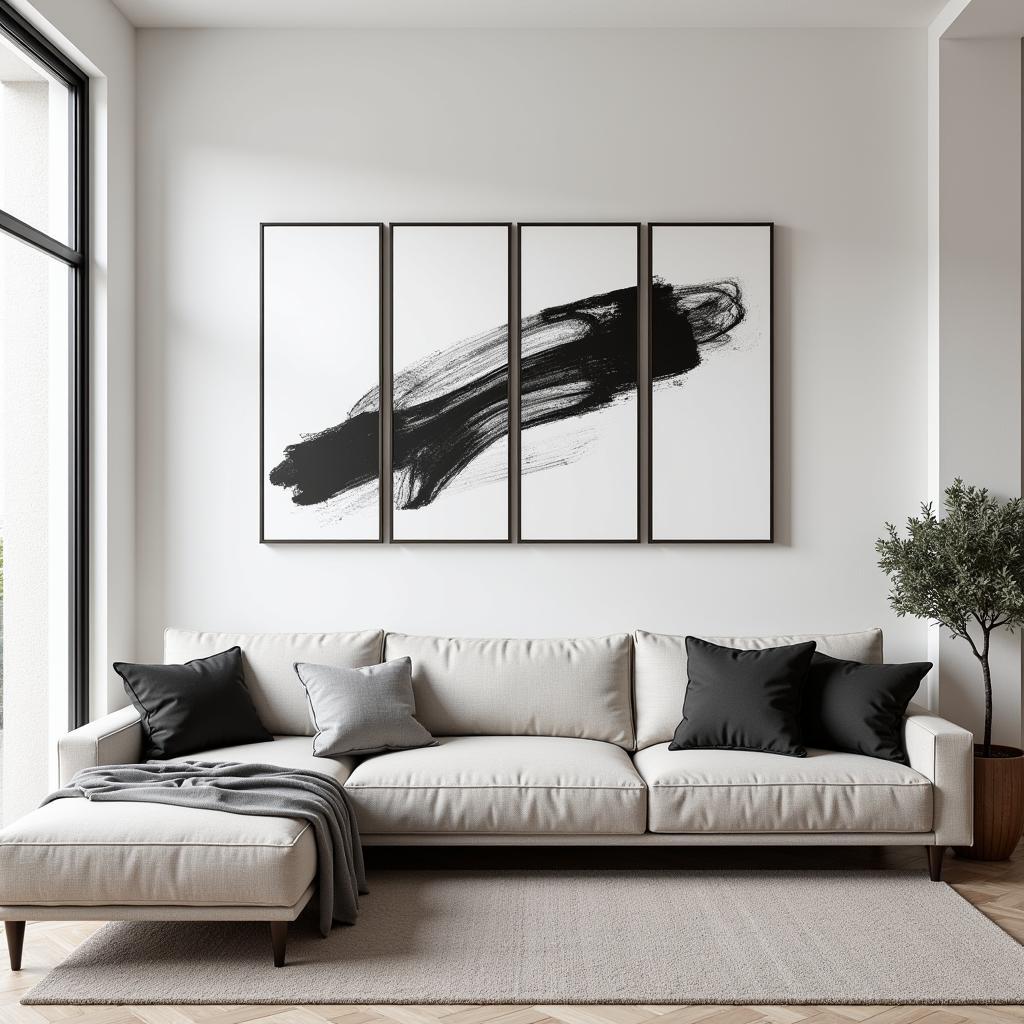 Living Room Decor with 5 Piece Black and White Abstract Art