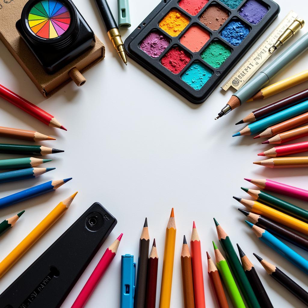 Comic art supplies laid out on a table