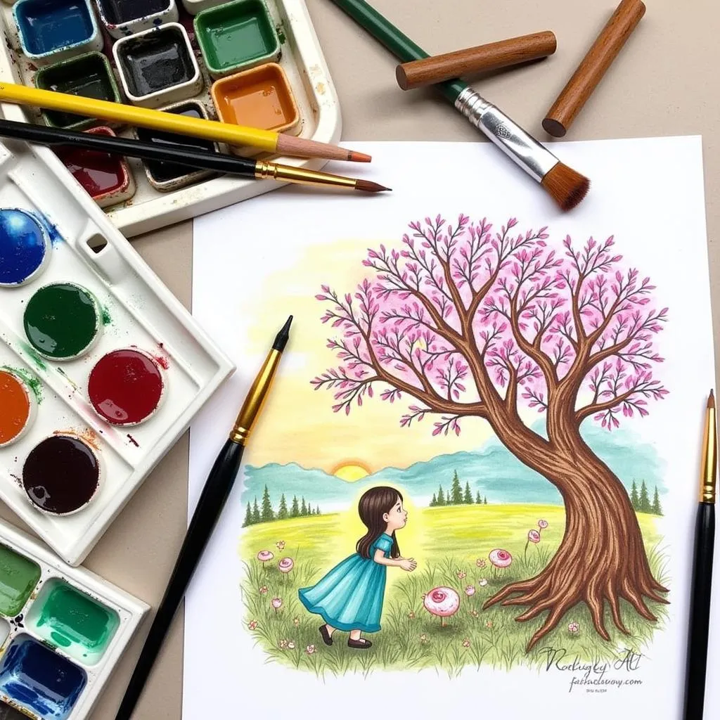 Bộ dụng cụ vẽ và những bức tranh storybook art hoàn thiện