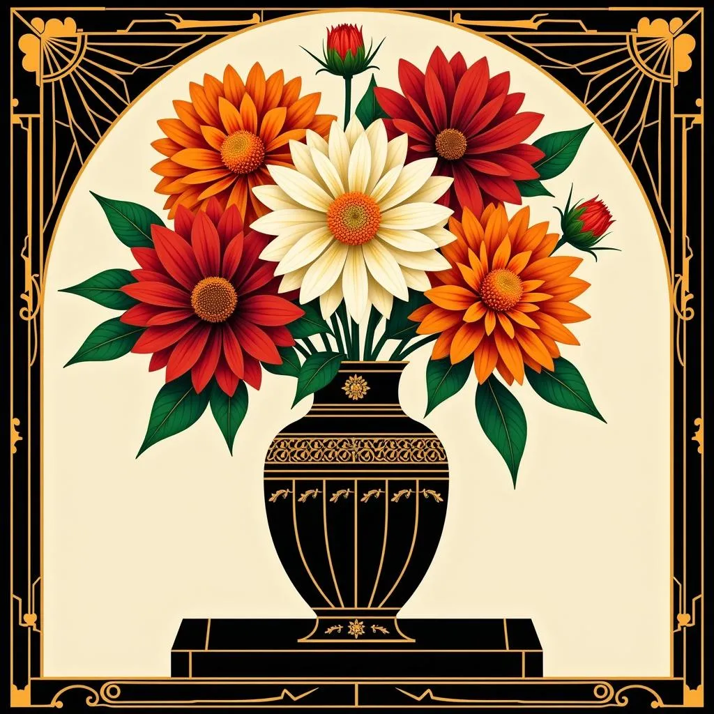 Bouquet of Dahlias in Art Deco Style with Golden Frame