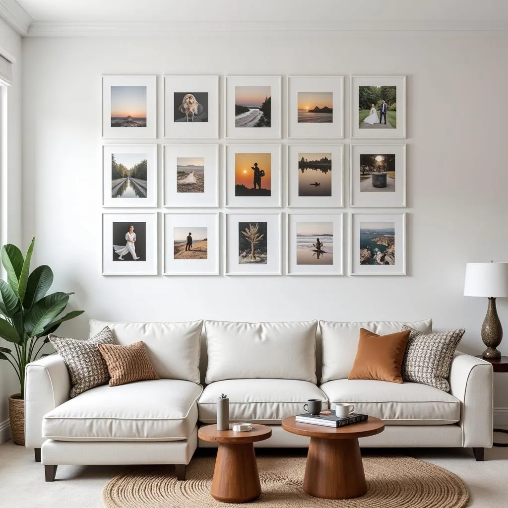 Collection of 5x7 Art Prints in White Frames Decorating a Living Room