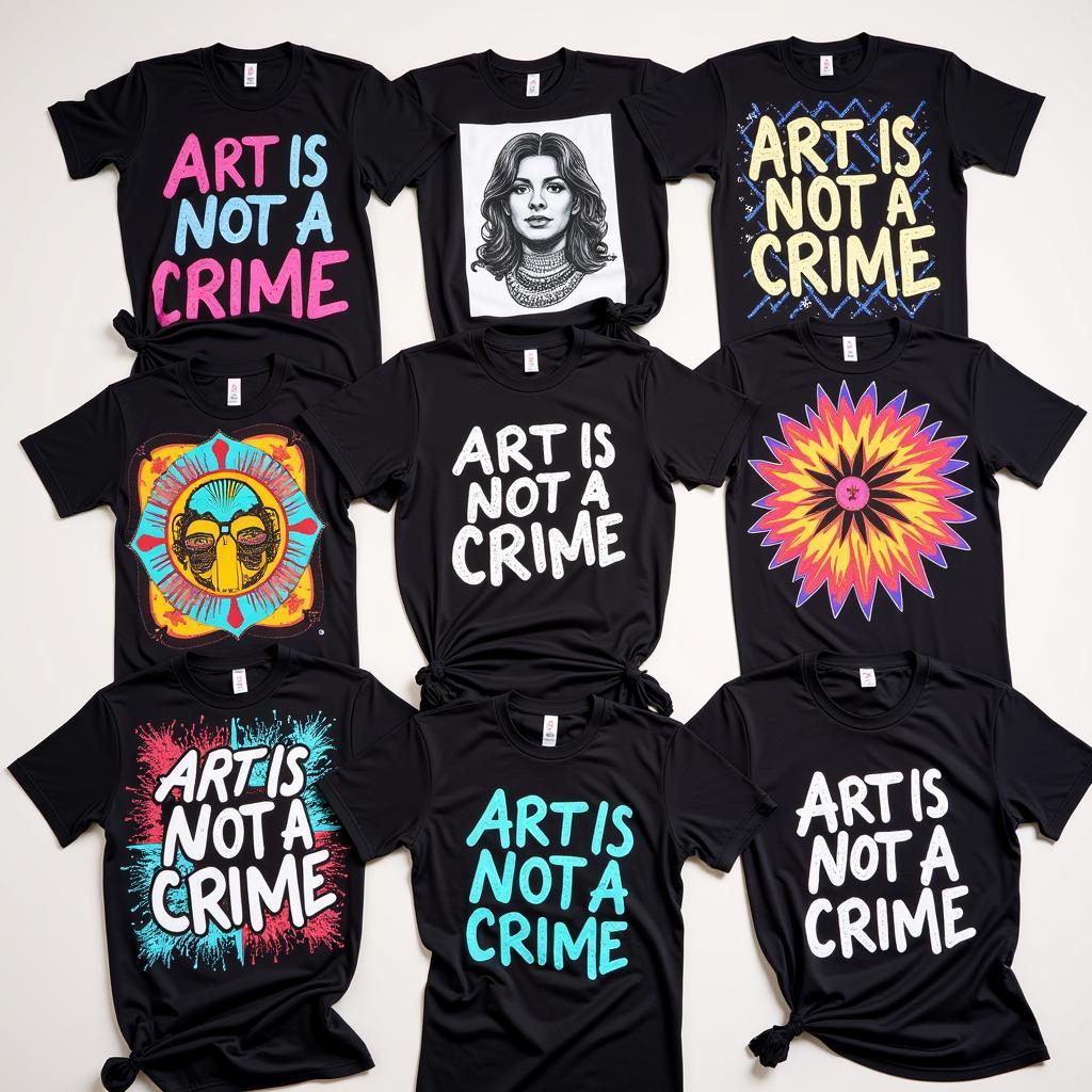 A diverse collection of "art is not a crime" shirts in various styles and colors