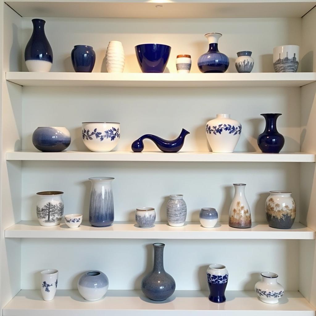 A collection of Royal Copenhagen vases in various shapes and sizes.