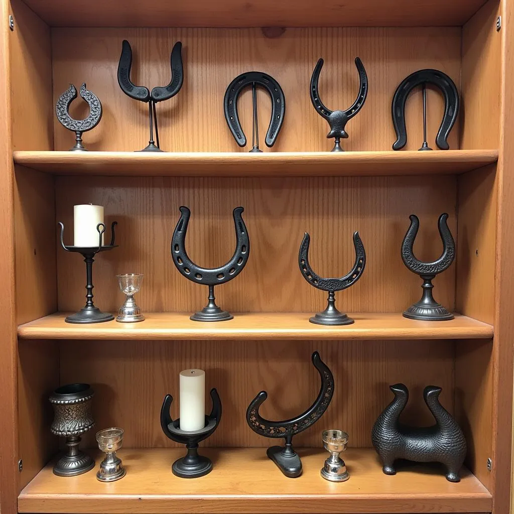 Collection of decorative items made from horseshoes.