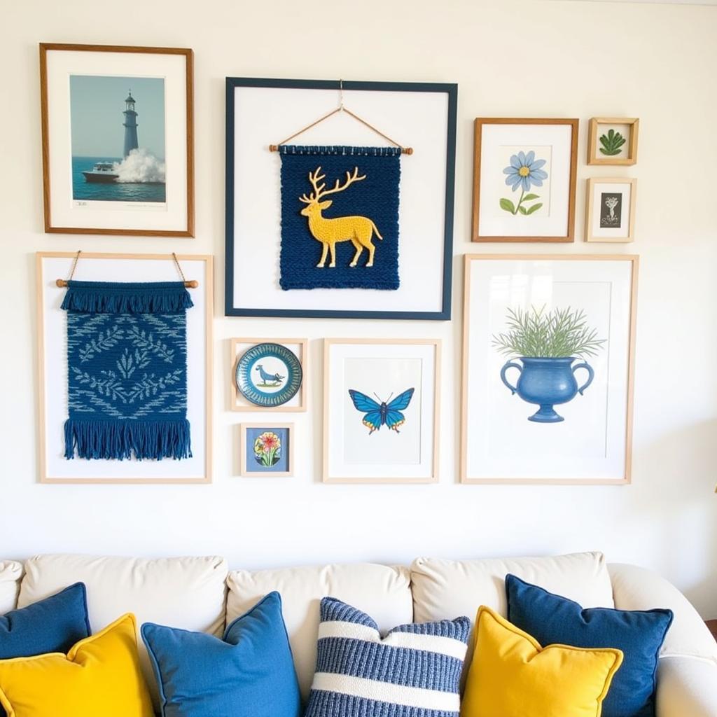 A curated gallery wall featuring a collection of blue and yellow wall art