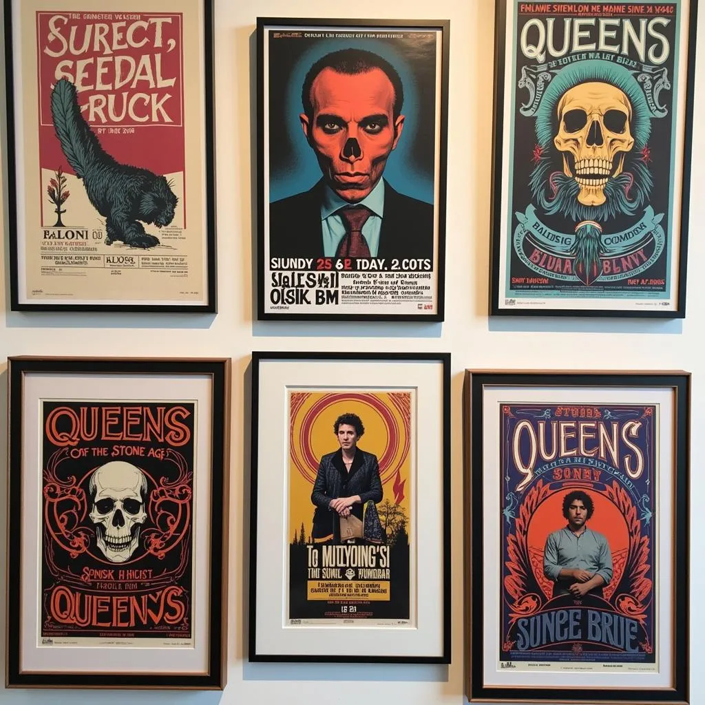 A collection of framed Queens of the Stone Age concert posters