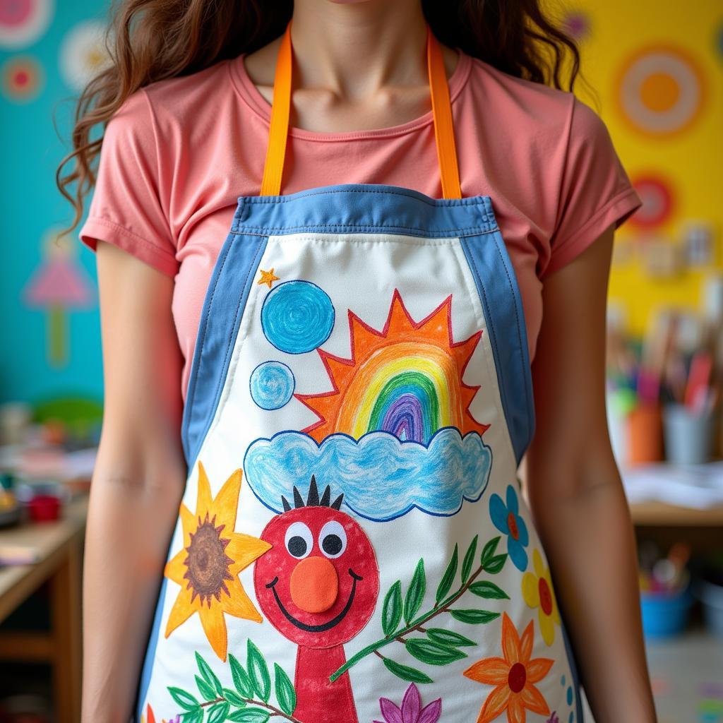 Collection of children's artwork displayed on a colorful art teacher apron