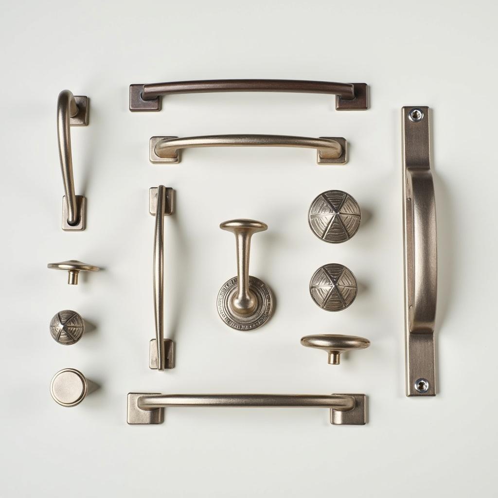 A collection of Art Deco kitchen cabinet handles and knobs.