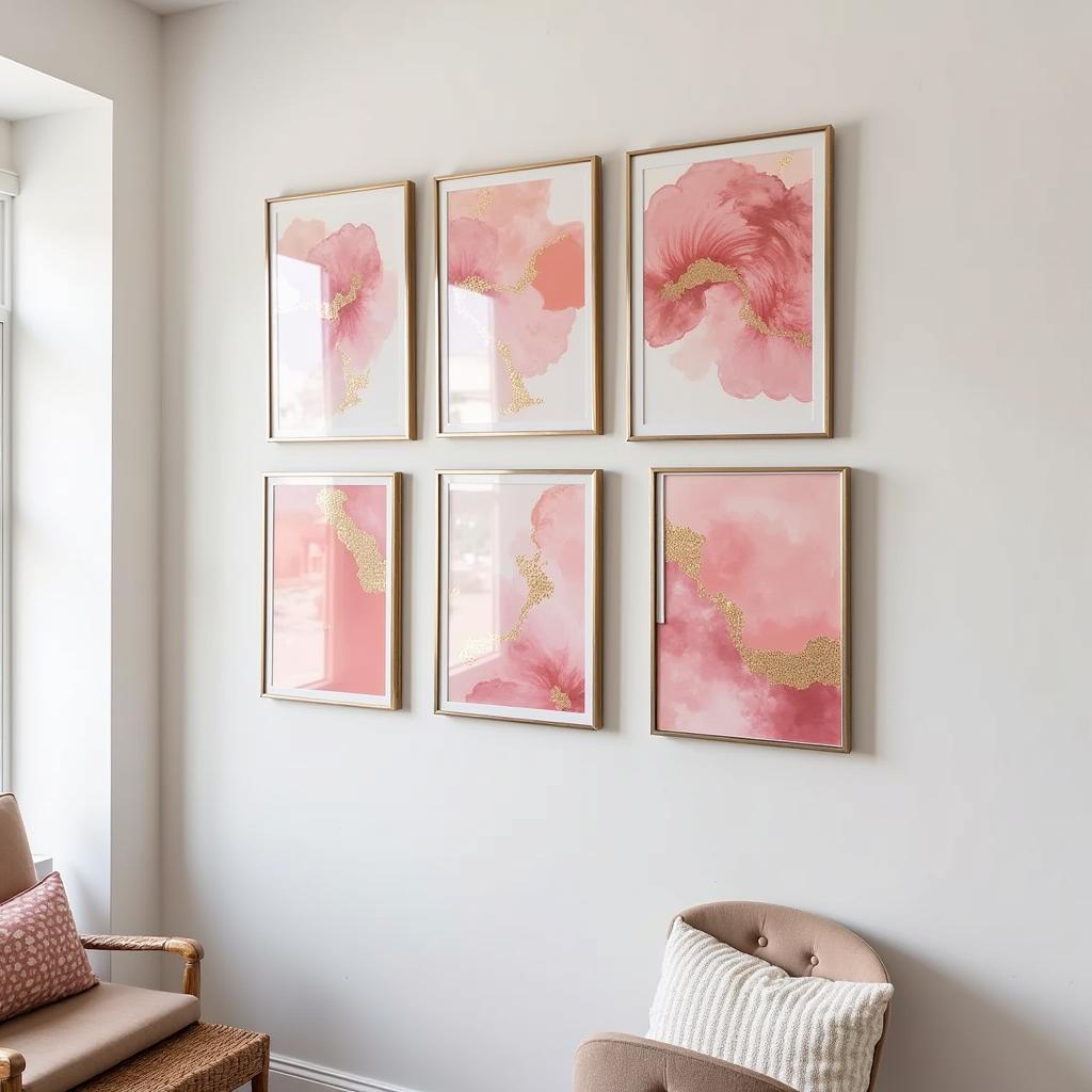 A collection of pink and gold abstract art prints