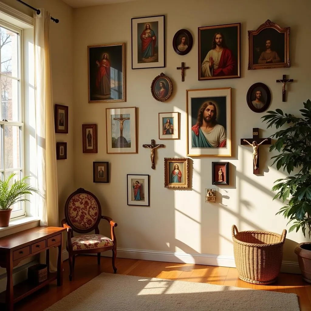 Collection of Jesus wall art in a prayer room