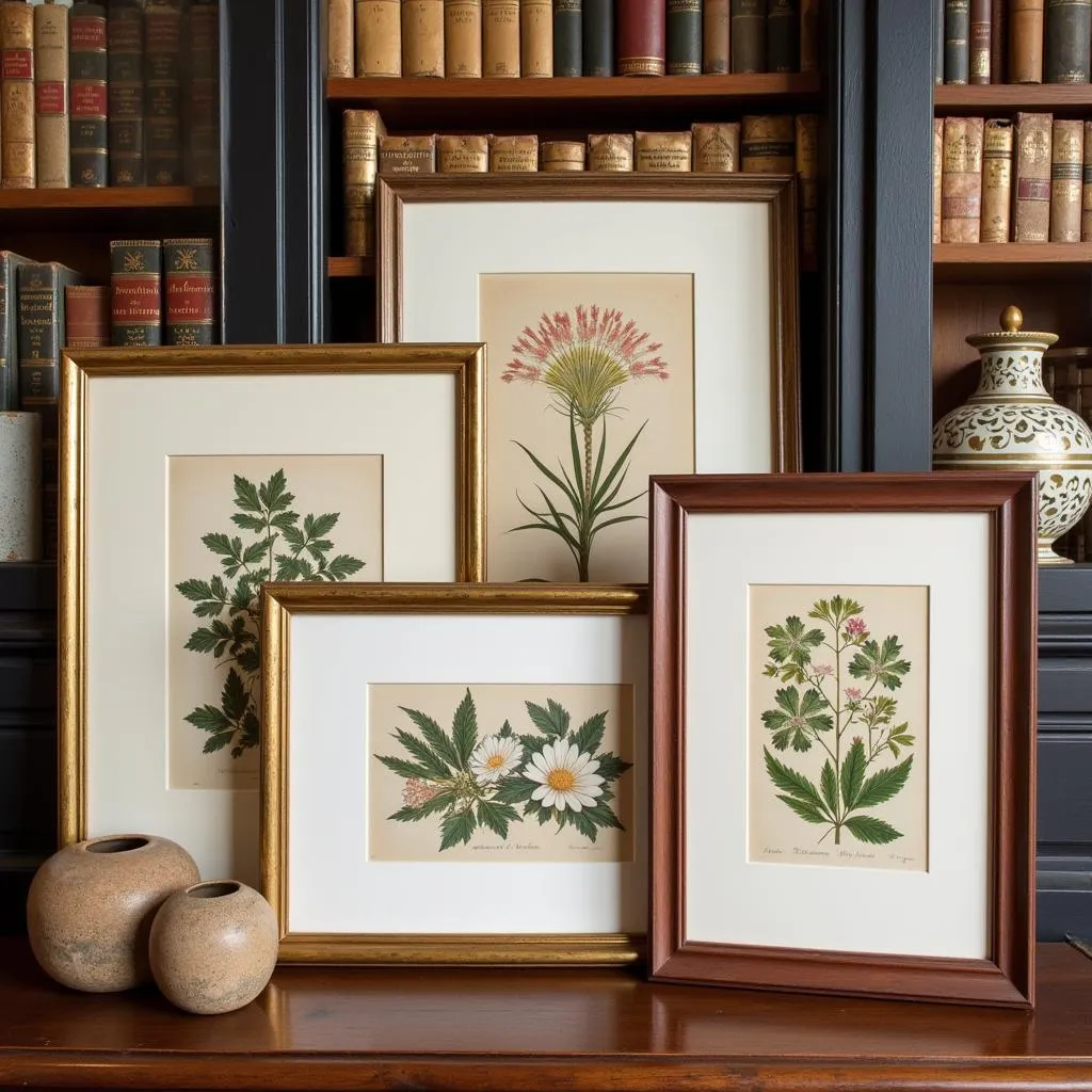 A Collection of British Colonial Botanical Prints Displayed on a Bookshelf