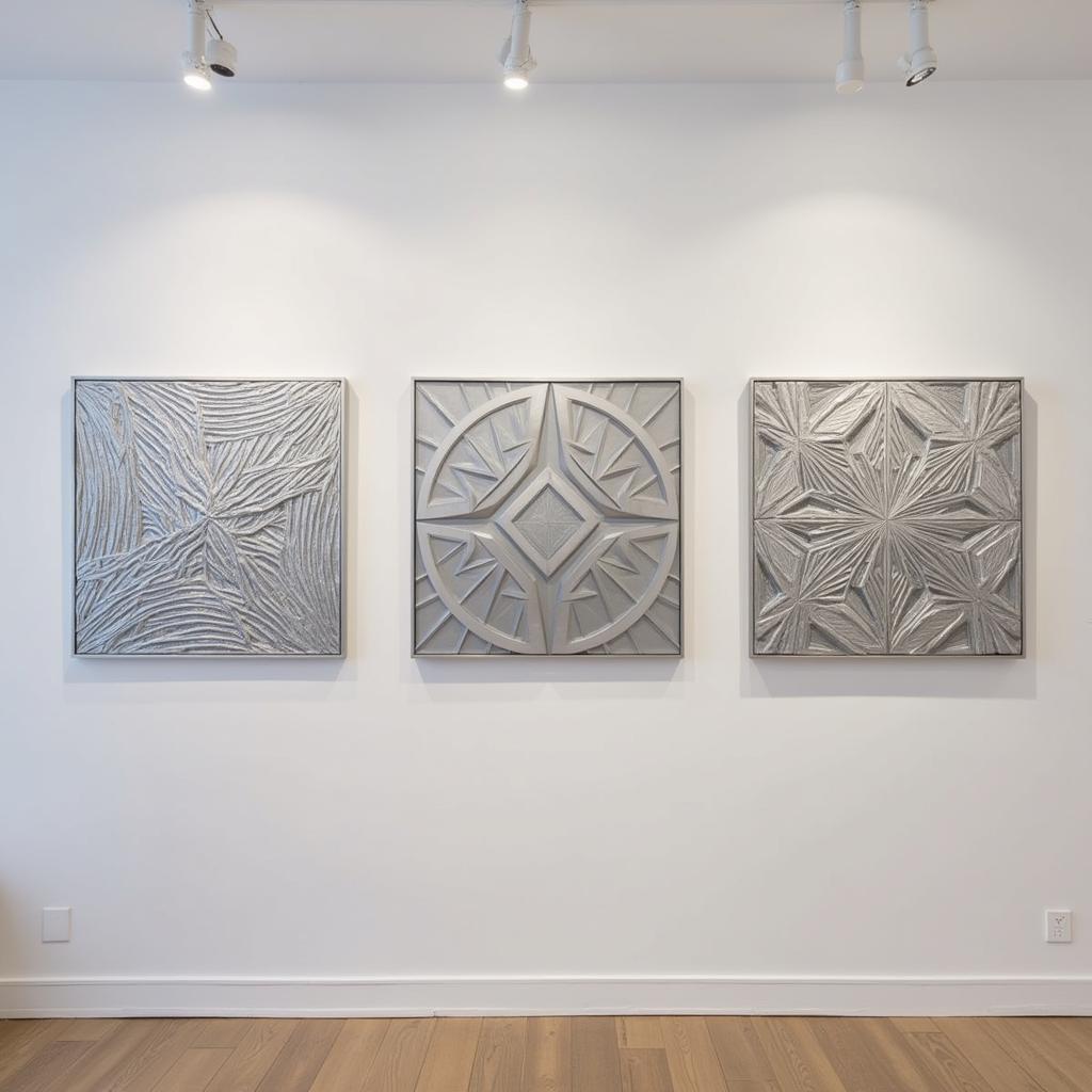 Collection of silver wall art with geometric patterns