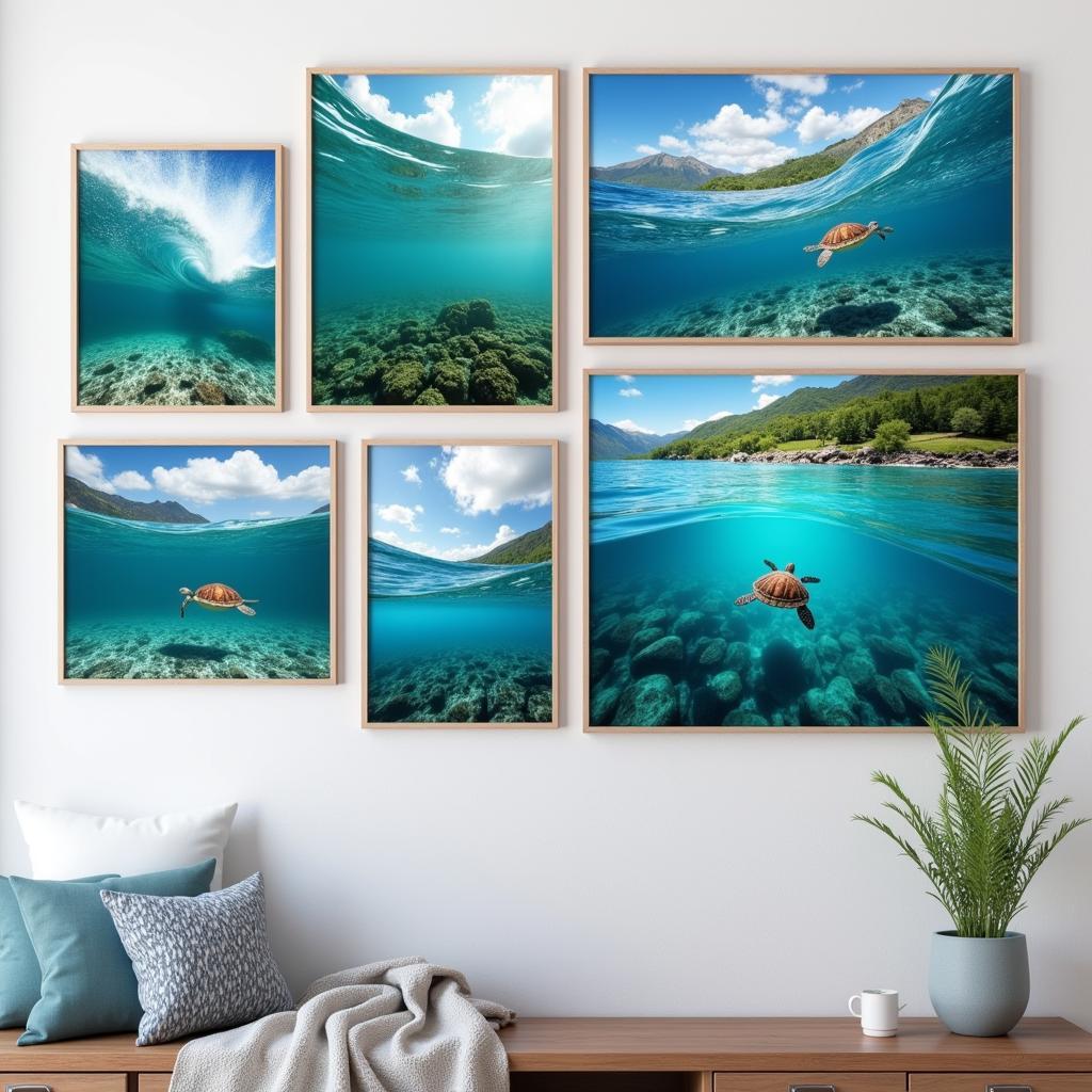 Blue and green wall art collection with ocean waves and sea turtles