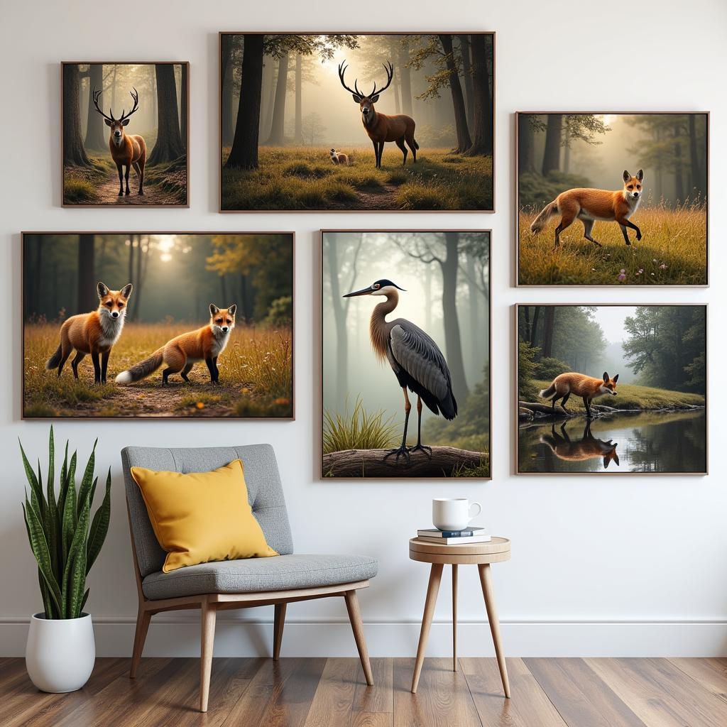 A collection of wall art depicting various wild animals in their natural habitats