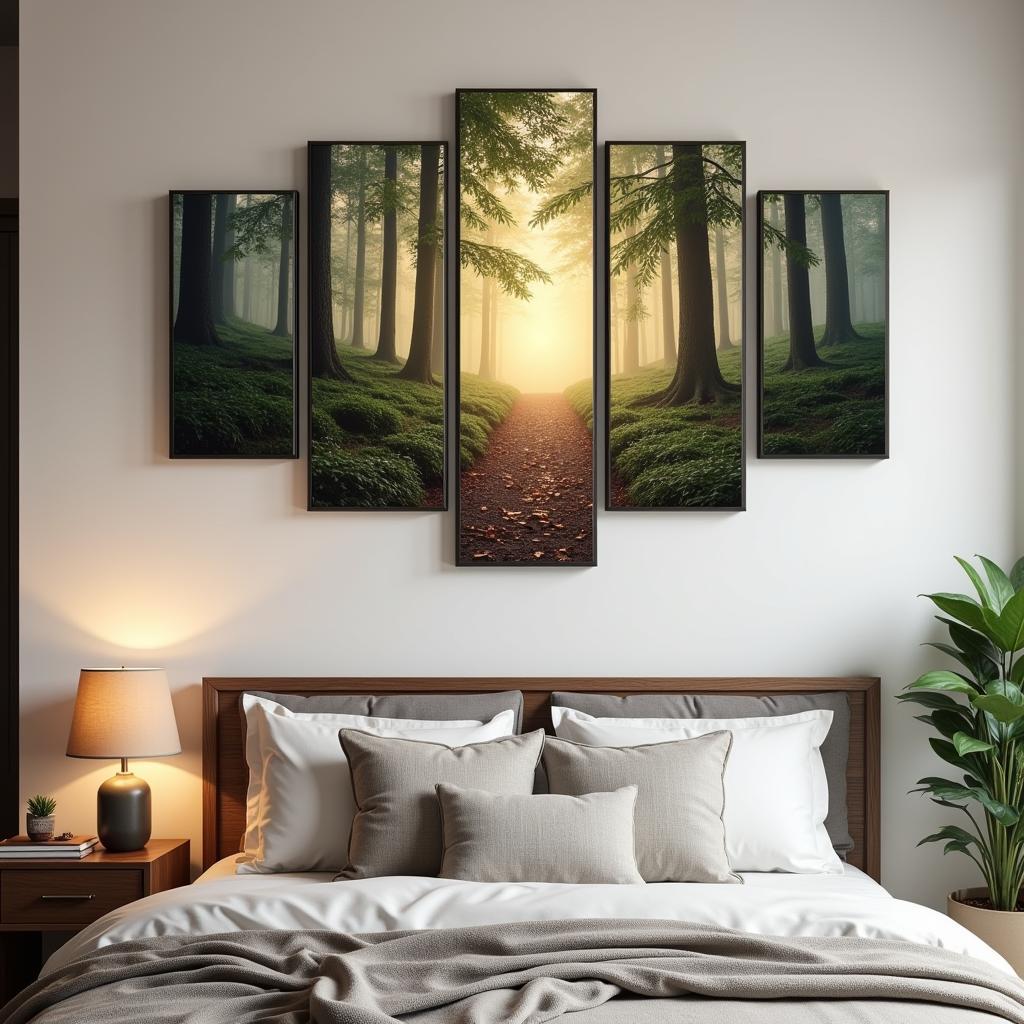 Five panel wall art above a bed in a bedroom