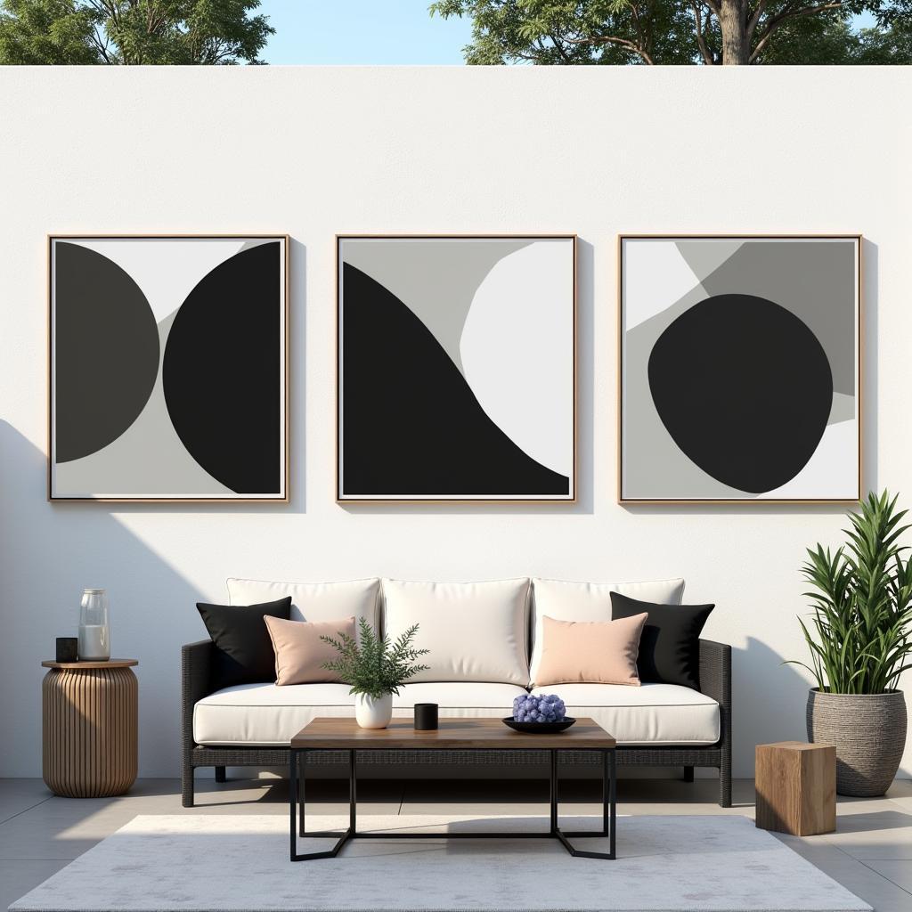 A set of modern outdoor canvas wall art featuring abstract shapes and a minimalist color palette.