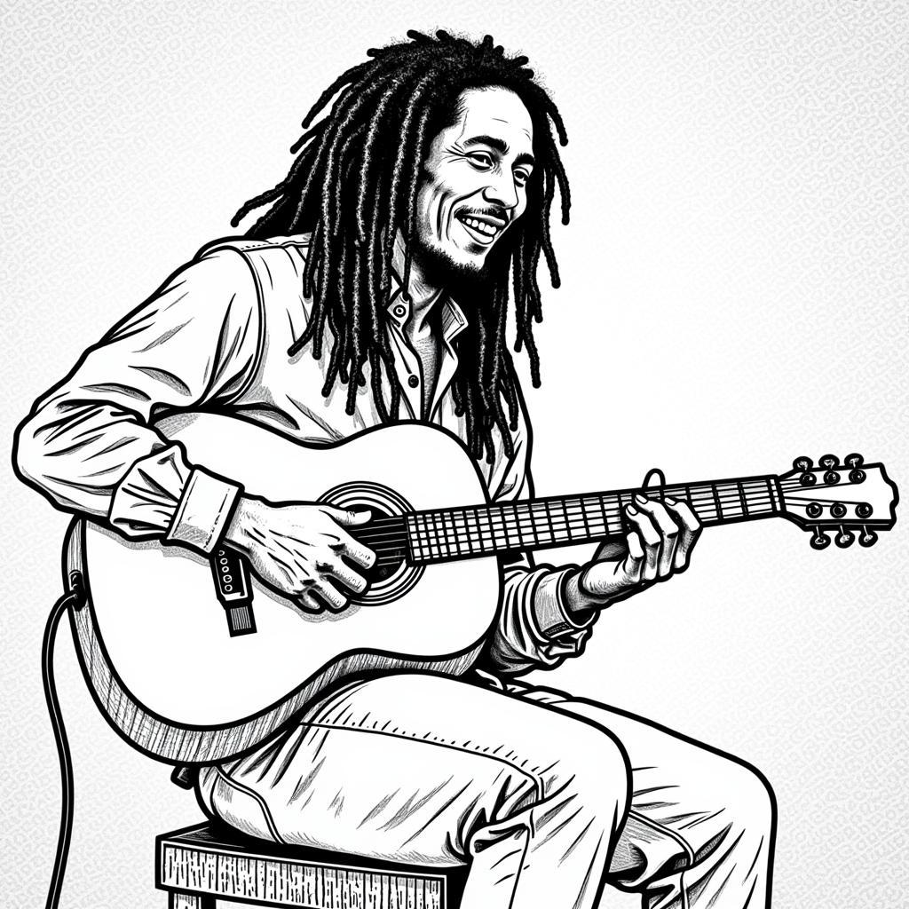 Bob Marley chơi guitar acoustic đen trắng