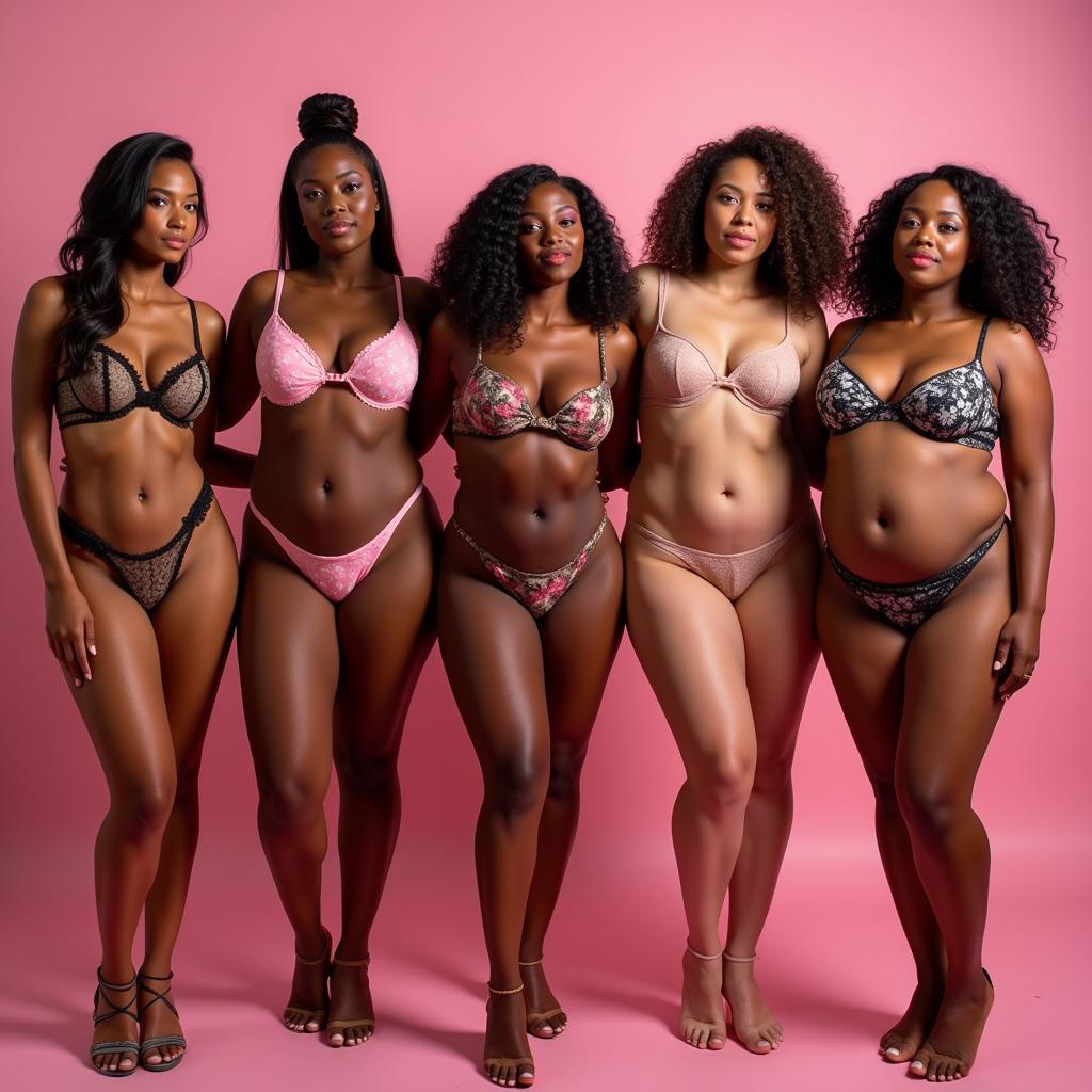 A diverse group of women of different body types wearing nude art lingerie, smiling confidently in a studio setting