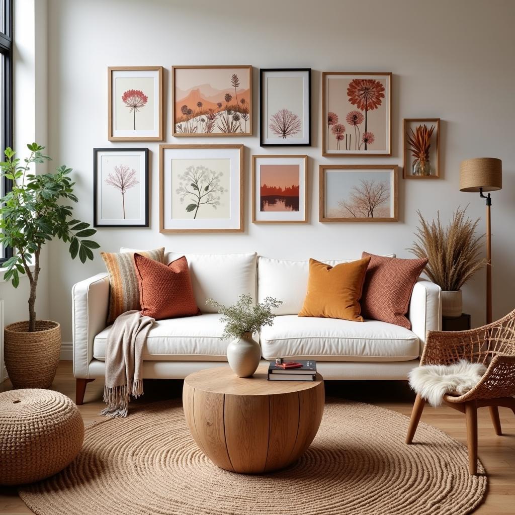 Boho art prints in a living room setting