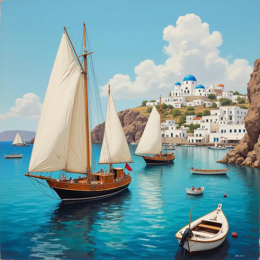 Vintage Painting of Santorini Seascape