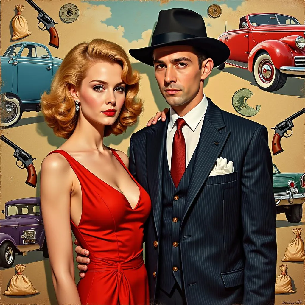 Bonnie and Clyde Paintings: A vibrant painting depicts Bonnie and Clyde in a stylized manner, with exaggerated features and bold colors.